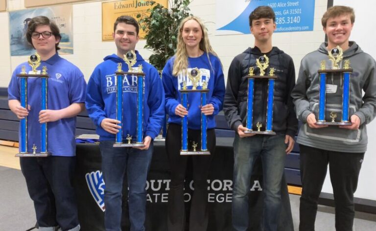 Individual winners in the South Georgia State College High School Mathematics Tournament were (L-R) Cody Page (first place; Ware), Chase LeFevre (second place; Pierce), Camille Hendry (third place; Pierce), Grayson Rockett (fourth place; Coffee), and Clark Stovall (fifth place; Pierce).